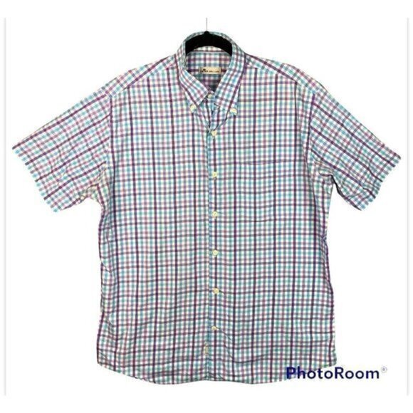 Peter Millar Mens Button Down Shirt Blue White Gingham Short Sleeve Pocket L - Picture 1 of 10